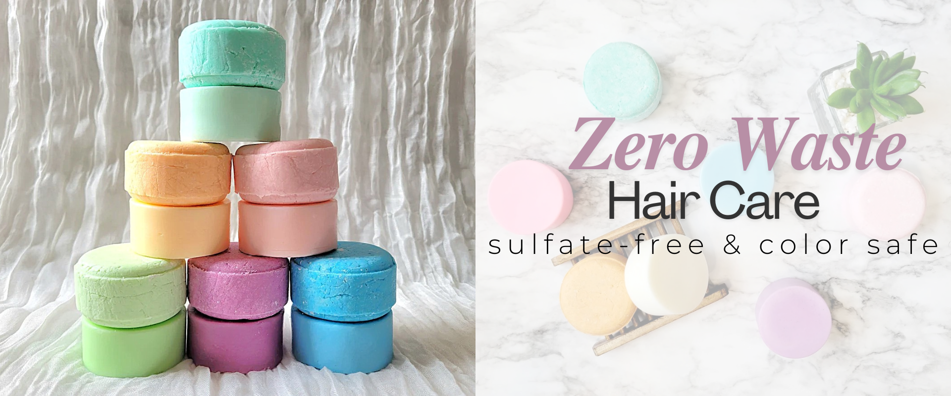 Solid shampoo and conditioner bars in various colors and fragrances.