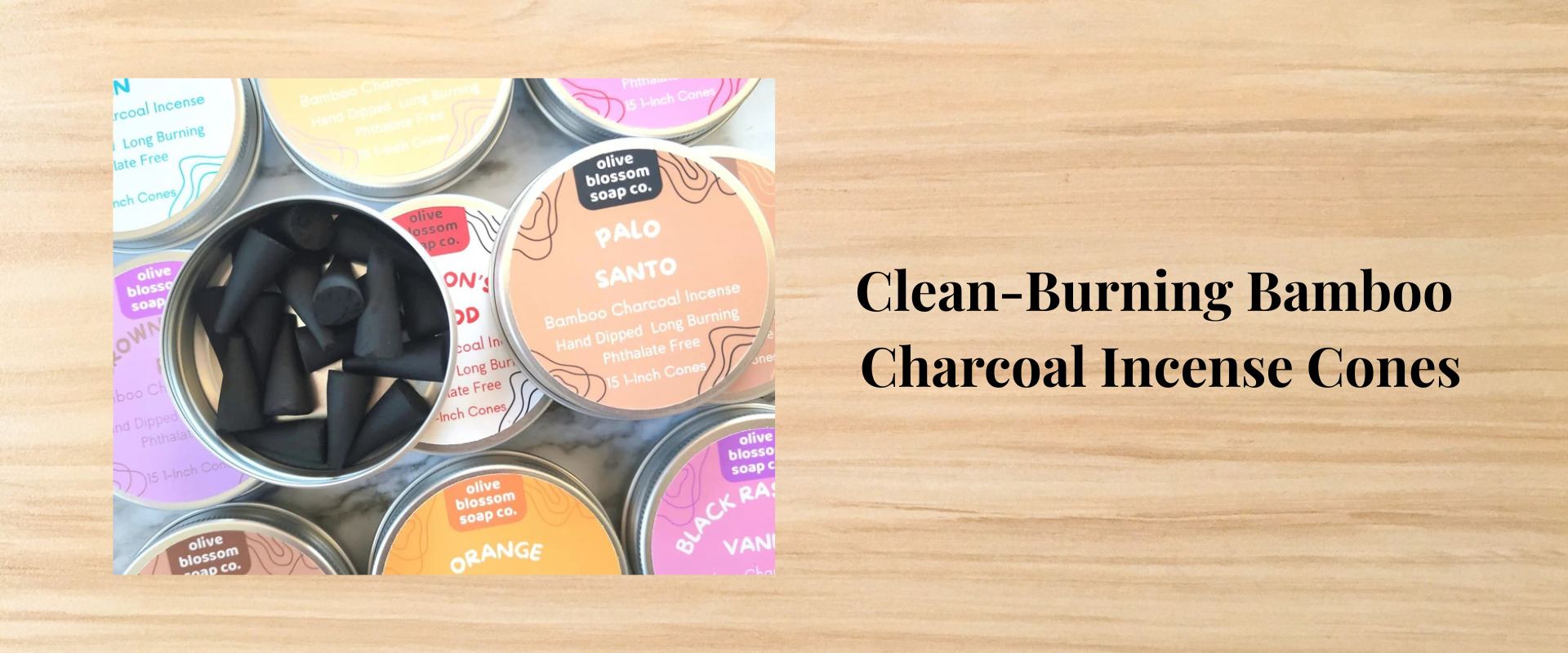 Photo and link of incense cones in a round metal tin. Clean burning bamboo charcoal. Multiple scents available.