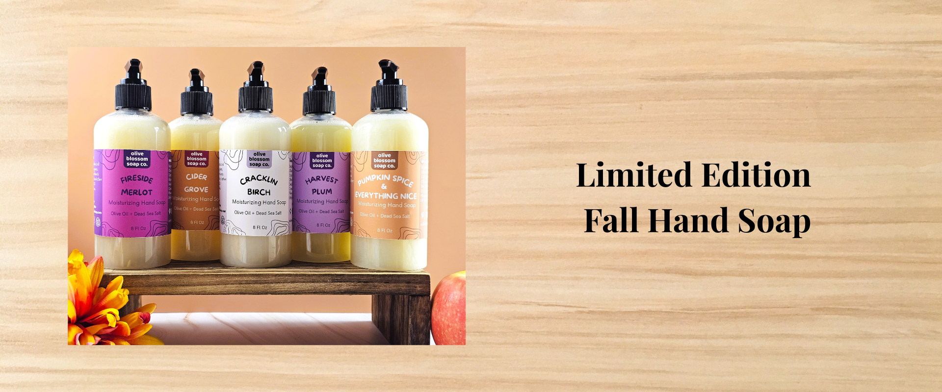 Collection of fall scented hand soap in 8 ounce pump bottles. Choose from Cider Grove, Harvest Plum, Cracklin Birch, Pumpkin Spice, and Fireside Merlot.
