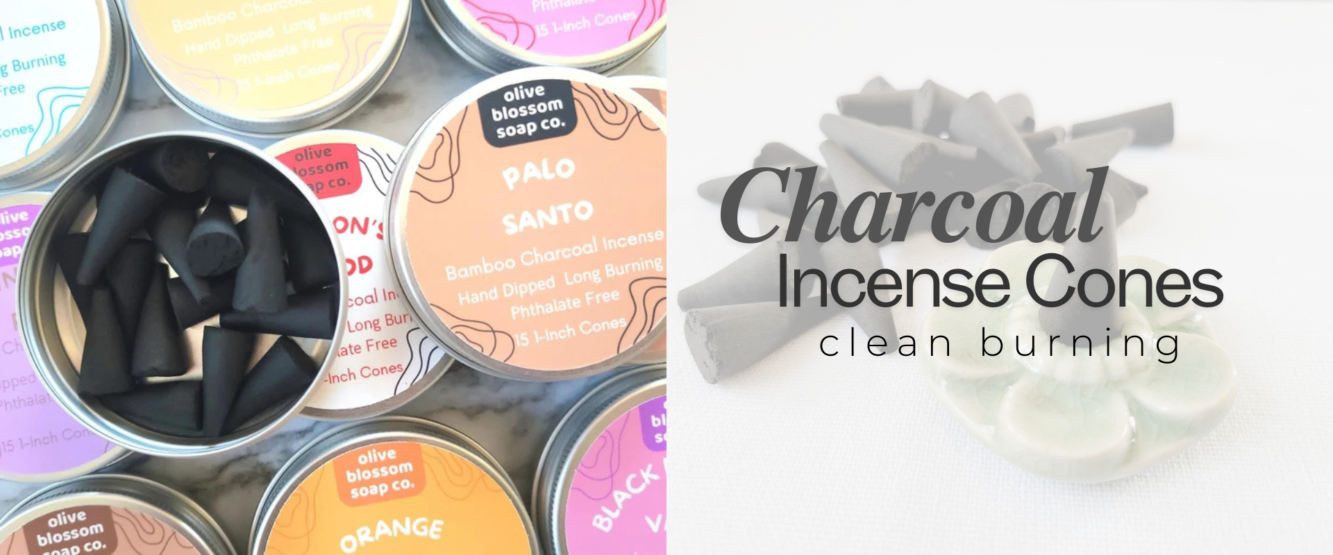 Photo and link of incense cones in a round metal tin. Clean burning bamboo charcoal. Multiple scents available.