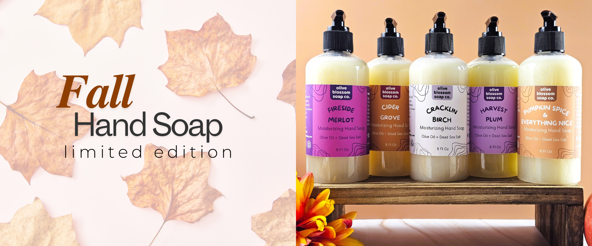 Collection of fall scented hand soap in 8 ounce pump bottles. Choose from Cider Grove, Harvest Plum, Cracklin Birch, Pumpkin Spice, and Fireside Merlot.