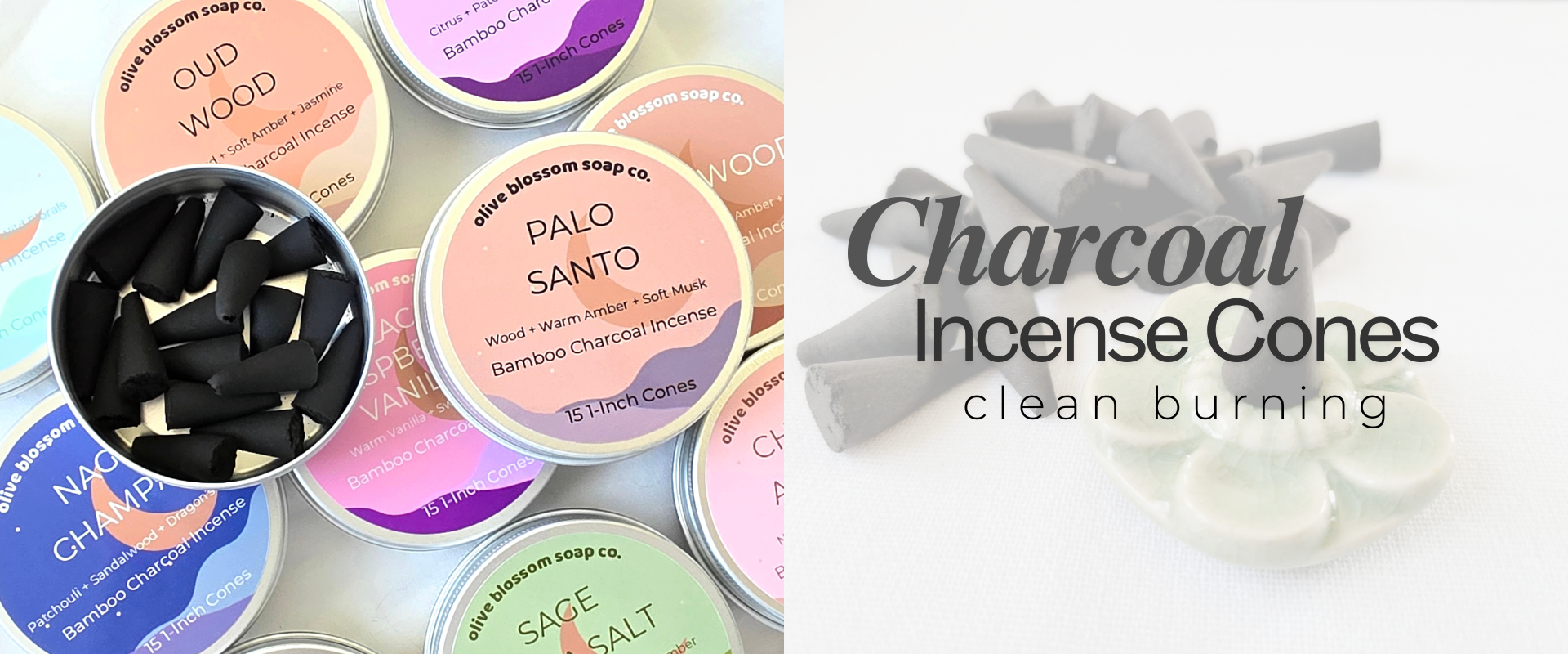 Photo and link of incense cones in a round metal tin. Clean burning bamboo charcoal. Multiple scents available.