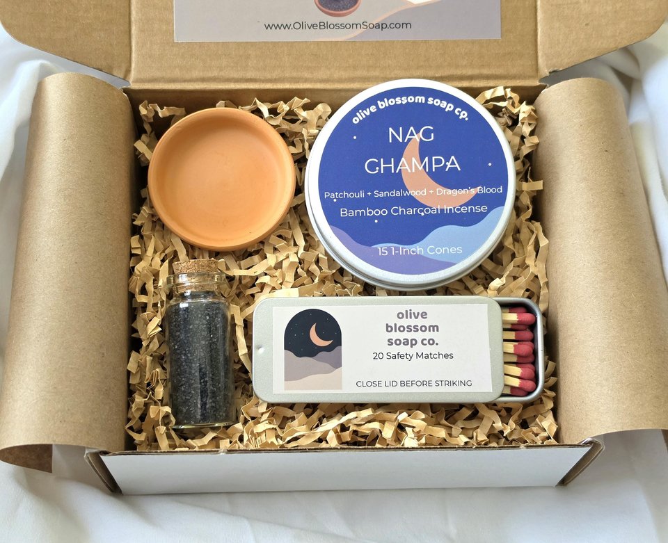 Incense Cone Gift Set with Terracotta Burner, Matches & Black Lava Salt