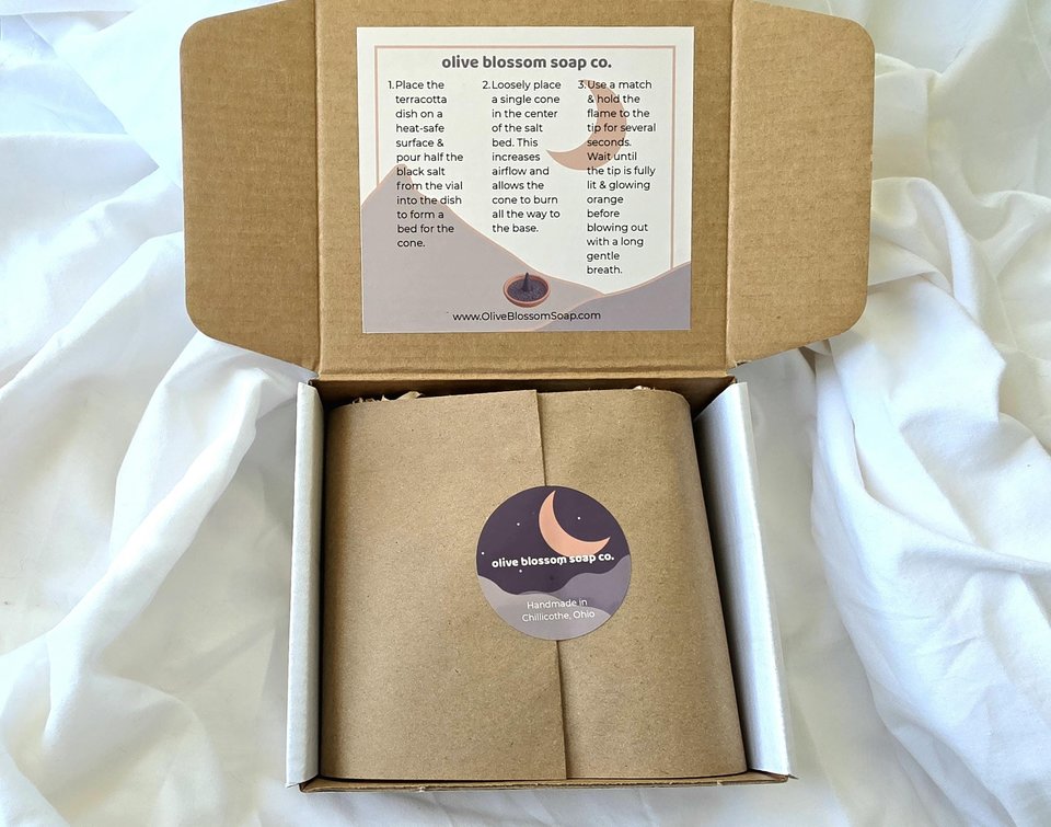 Incense Cone Gift Set with Terracotta Burner, Matches & Black Lava Salt
