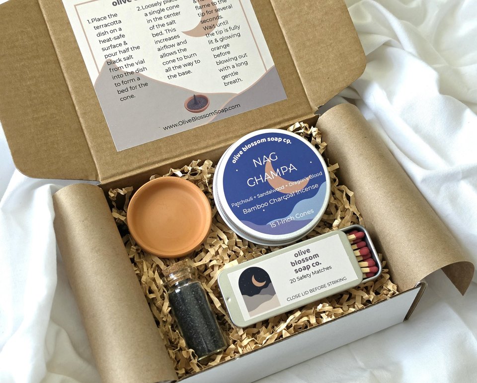 Incense Cone Gift Set with Terracotta Burner, Matches & Black Lava Salt