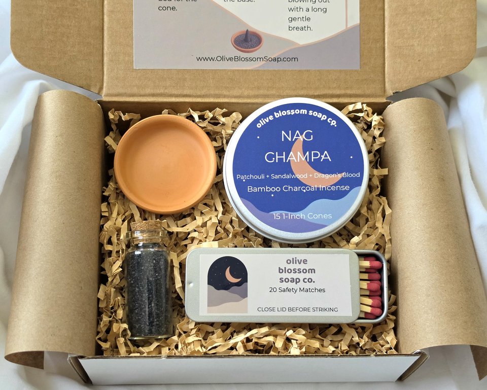Incense Cone Gift Set with Terracotta Burner, Matches & Black Lava Salt