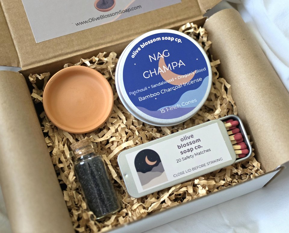 Incense Cone Gift Set with Terracotta Burner, Matches & Black Lava Salt