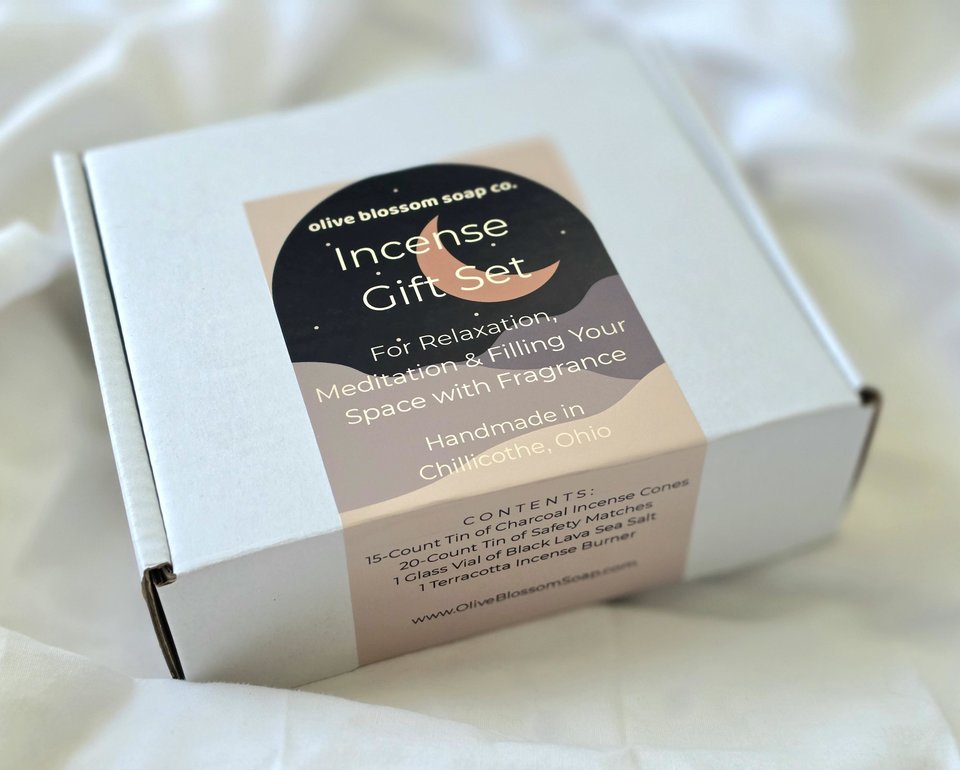 Incense Cone Gift Set with Terracotta Burner, Matches & Black Lava Salt