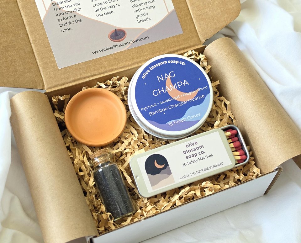 Incense Cone Gift Set with Terracotta Burner, Matches & Black Lava Salt